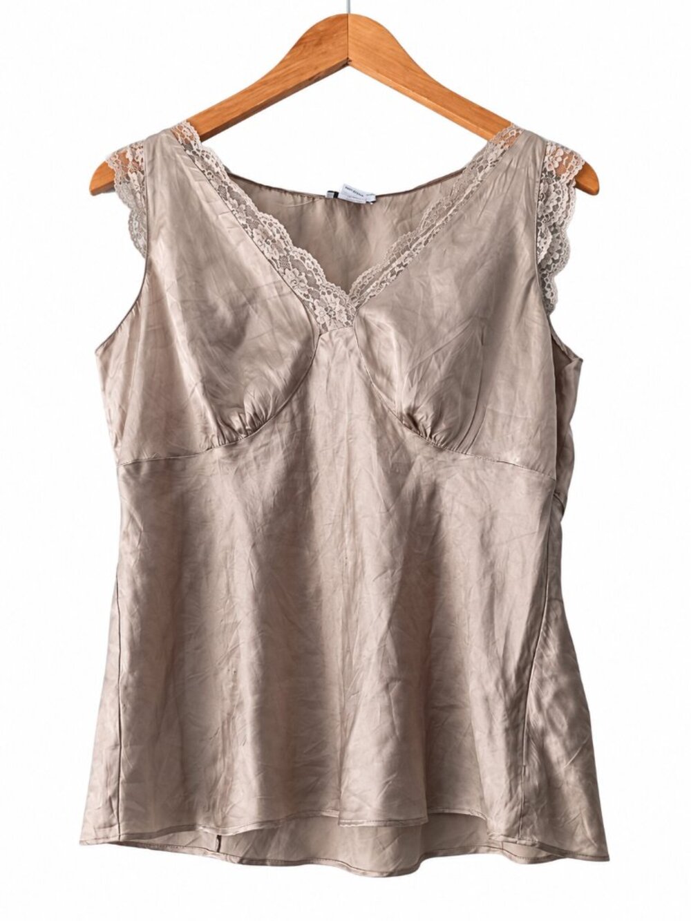 Ann Taylor LOFT Taupe Silk Lace Trim V Neck Sleeveless Empire Waist Blouse 12